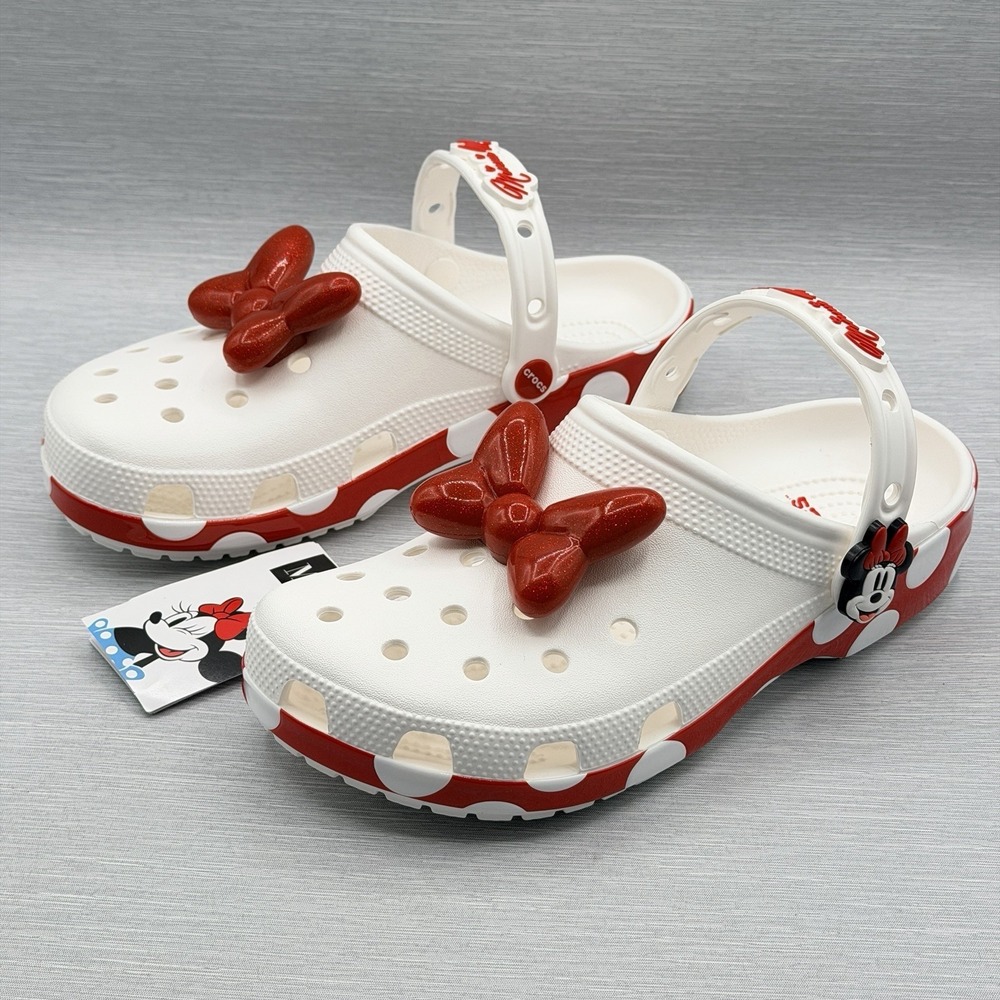 CROCS White & Red Minnie Mouse Clogs with Red Bow Jibbitz